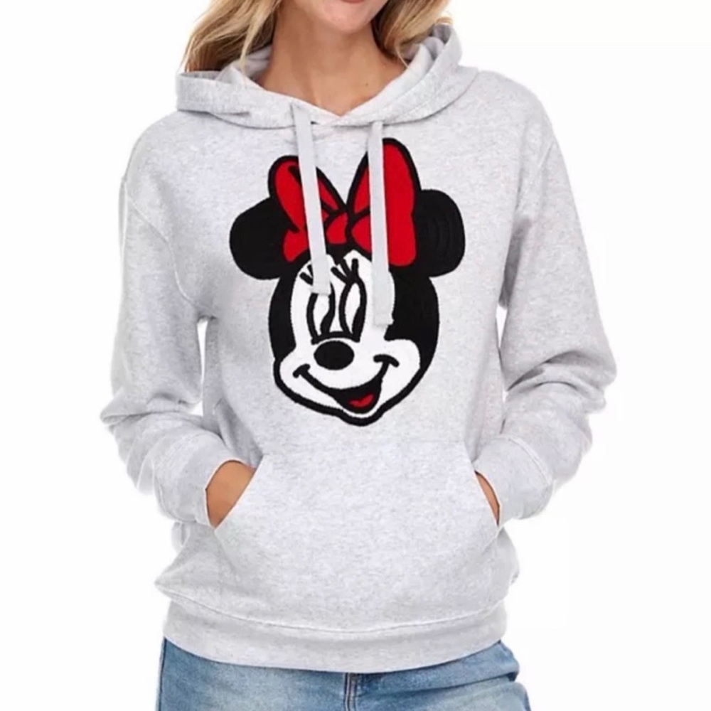 Disney Light Gray Minnie Mouse Pullover Hoodie with Red Bow